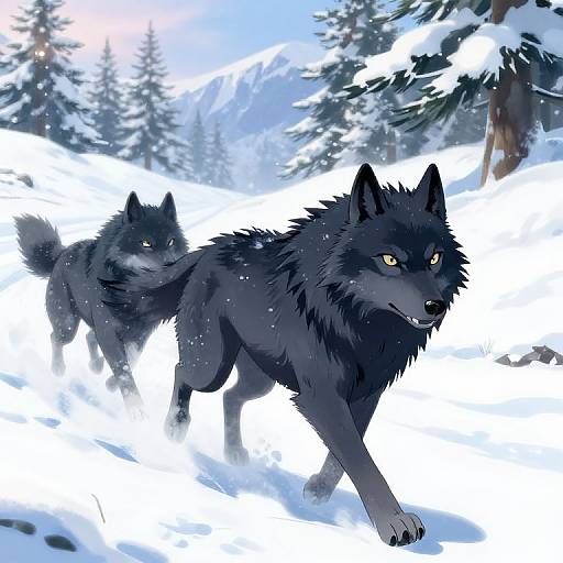 Anime Black Wolf Pack in Snowy Mountains
