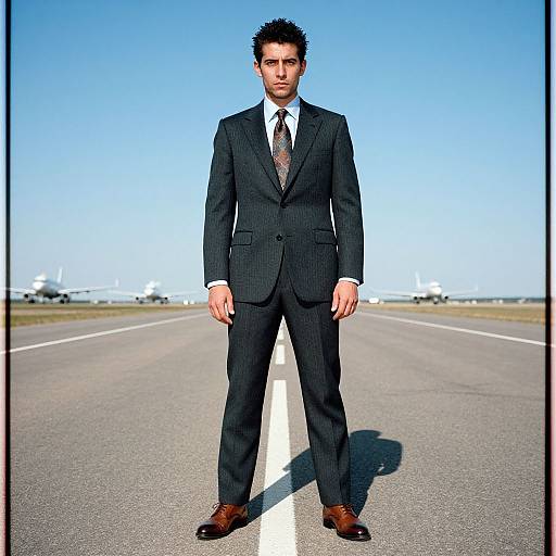 Photograph of a tall, dark-haired man in a black pinstripe suit, white shirt, and patterned tie, standing on an empty airport