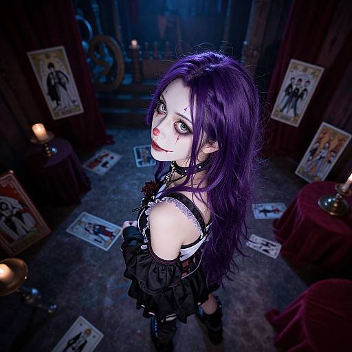 Gothic woman with long purple hair, pale face, red lips, black dress, and tattoos, standing in dimly lit room with framed portraits