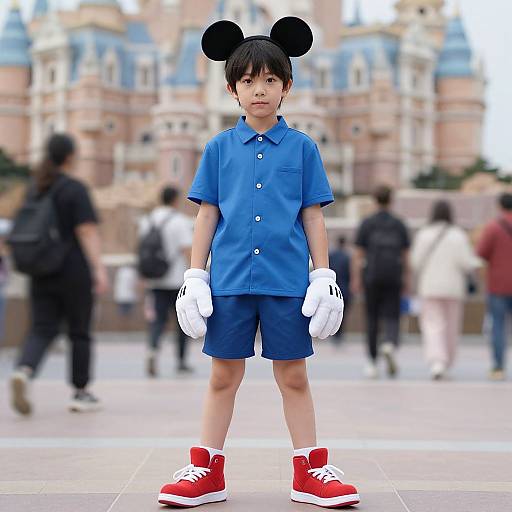 Photograph of a young boy in a blue shirt, blue shorts, white gloves, red sneakers, and Mickey Mouse ears, standing in front of a