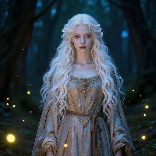 Photorealistic digital art of a pale, ethereal woman with long, flowing white hair, wearing a medieval-style dress, standing in a dark,