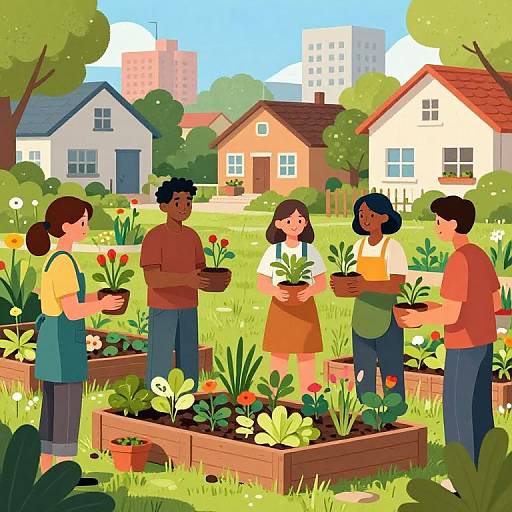 Illustration of diverse group planting flowers in community garden, surrounded by suburban houses, trees, and city buildings, on a sunny day.