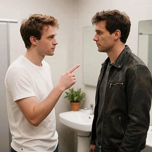 Two men arguing in bathroom