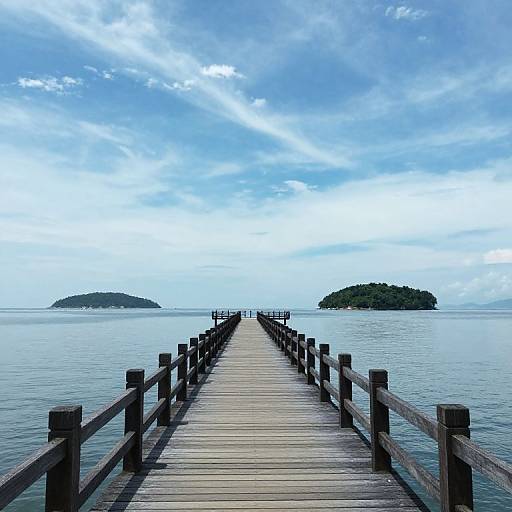 Photograph of a wooden pier extending into calm blue ocean, flanked by two small green islands under a bright, cloud-dotted sky.