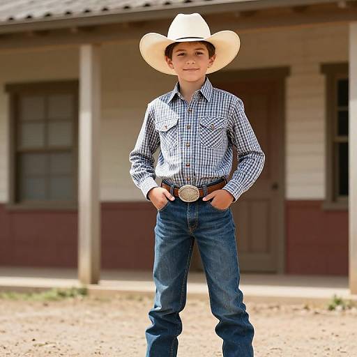 Young boy in blue checkered shirt, white cowboy hat, blue jeans, and belt with large silver buckle, standing confidently in front of a rustic wooden
