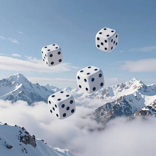 Photorealistic CGI of four floating white dice with black spots above a snowy mountain range and cloud-covered peaks under a clear blue sky.