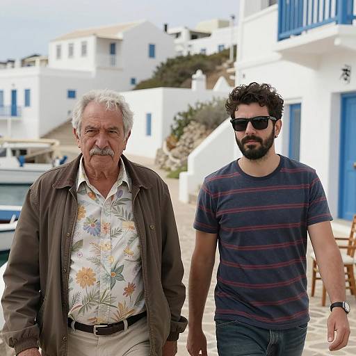 Two Men Walking in Coastal Village