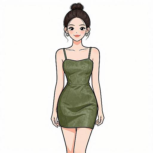 Digital illustration of a cute, fair-skinned woman with black hair in a bun, wearing a tight, green camo mini dress, standing against a