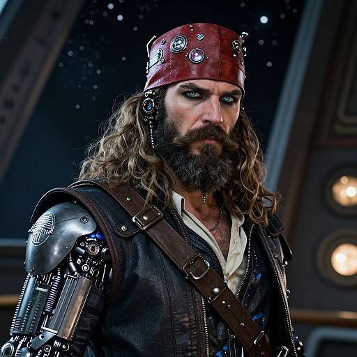 Photograph of a rugged, bearded man with long brown hair, wearing a red metal helmet, cybernetic arm, and dark leather vest,