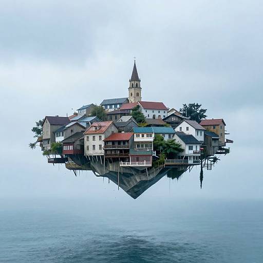 Photograph of a floating island with colorful houses, a church with a steeple, and calm water beneath, set against a pale blue sky.