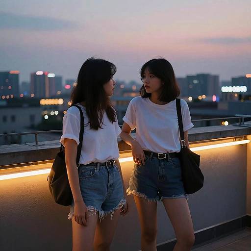 Two Girls on Neon City Rooftop