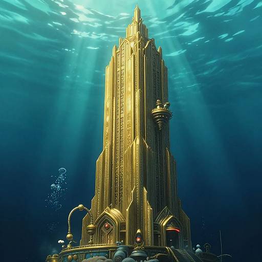 Digital artwork of an underwater, golden, Art Deco-style skyscraper with intricate details, illuminated by sunlight, surrounded by bubbles and machinery.