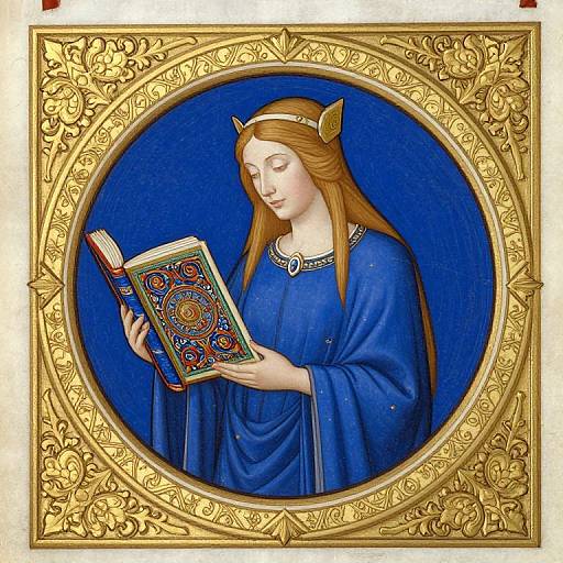 Medieval-style digital illustration of a fair-skinned woman with long brown hair, blue robe, and gold headpiece, reading an ornate book against
