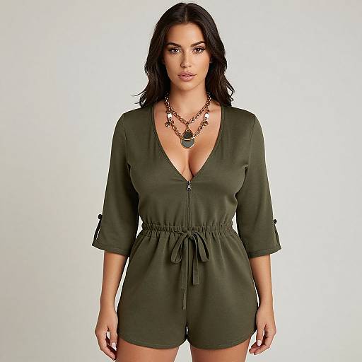 Photograph of a woman with long dark hair, wearing a deep V-neck, olive-green romper, and layered necklaces, standing against a plain