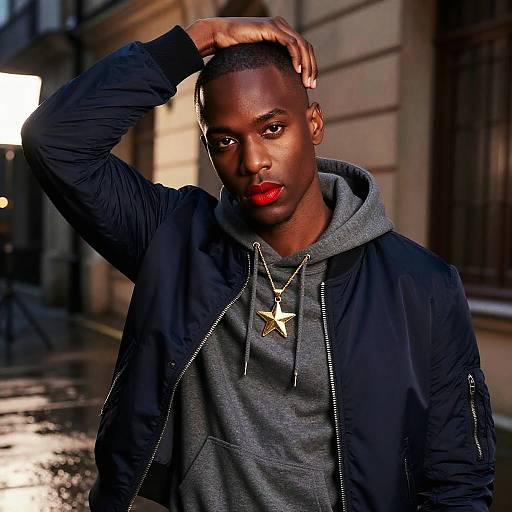 Photograph of a confident, dark-skinned young man with red lipstick, wearing a black jacket over a gray hoodie, gold star necklace, and hand
