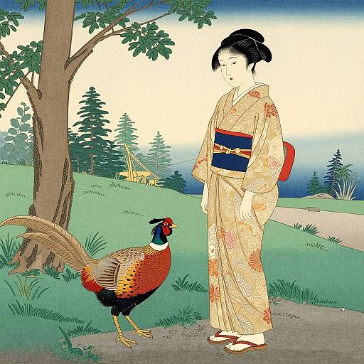 Traditional Japanese illustration of a woman in a floral kimono standing beside a colorful pheasant in a grassy, tree-lined park.