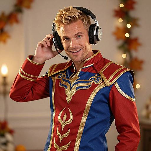 Photograph of a smiling, blonde man in a red and blue ornate costume with gold trim, wearing black headphones, in a warmly lit, autumn