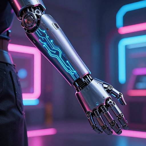 CGI image of a futuristic, metallic robotic arm with blue neon wiring, extending from a person's black pants, against a neon-lit background with