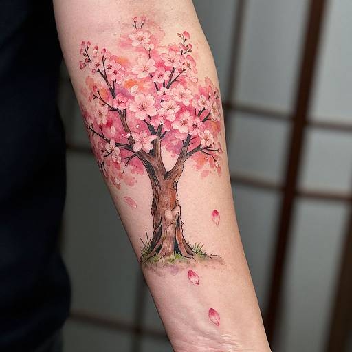 Photograph of a colorful tattoo on an arm depicting a cherry blossom tree with pink flowers, brown trunk, and falling petals. Background features a blurred,