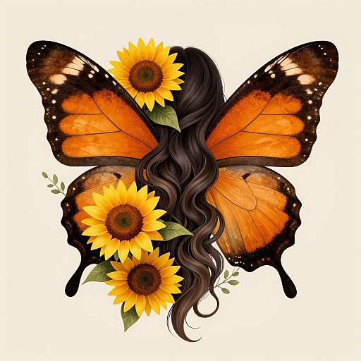 Digital artwork of an orange butterfly with black-spotted wings, intertwined with long, wavy black hair, and two bright yellow sunflowers.