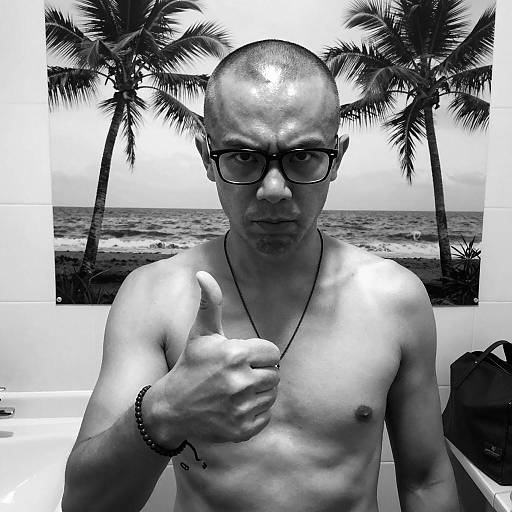 Shirtless Man Giving Thumbs Up in Bathroom