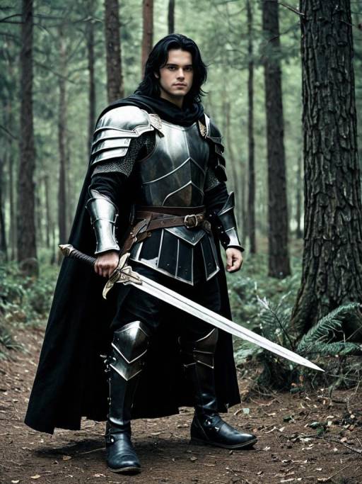 Young Male Knight in Armor Holding Sword in Forest