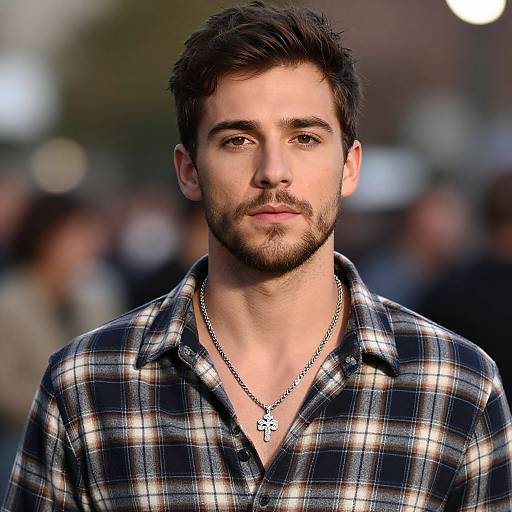 Photograph of a handsome, bearded man with short, dark hair, wearing a plaid shirt and silver necklace, standing outdoors with a blurred background