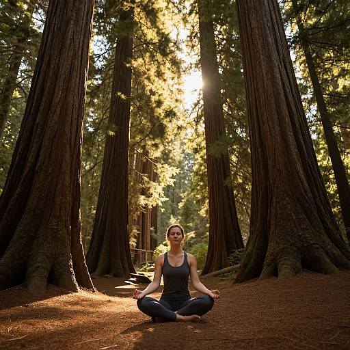 Photograph of a blonde woman in a black tank top and pants, meditating cross-legged on forest floor, surrounded by towering redwood trees with sunlight