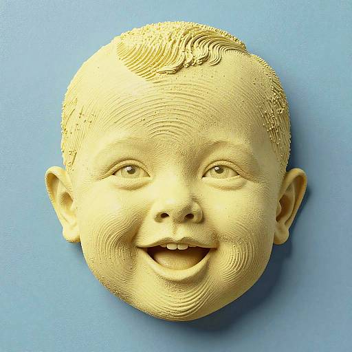 Photograph of a sculpted baby's smiling face in pale yellow, with detailed texture, against a solid blue background.