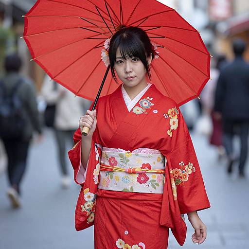 Photograph of an Asian woman in a vibrant red floral kimono holding a red umbrella, standing in a busy urban street.