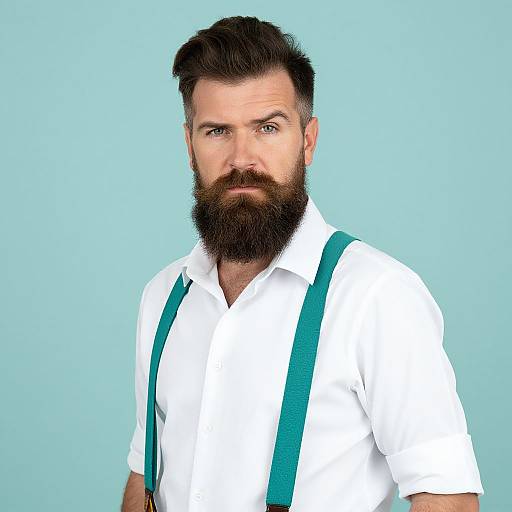 Photograph of a bearded Caucasian man with dark hair, wearing a white shirt and green suspenders, against a light blue background.