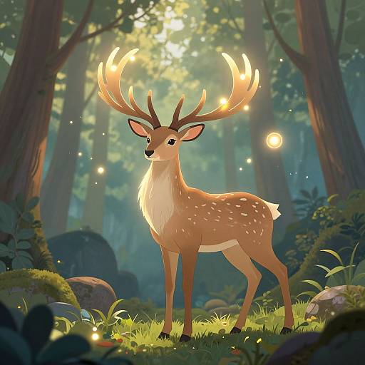 Digital illustration of a glowing, antlered deer standing in a sunlit, enchanted forest with glowing fireflies and lush greenery.