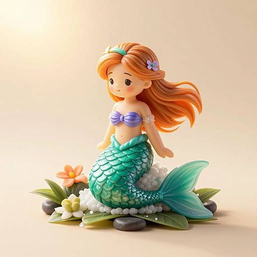 Cute, digital 3D-style mermaid figurine with orange hair, purple top, green scales, flower hairpiece, sitting on rocks with