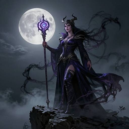 Digital fantasy artwork of a dark-haired, horned female sorceress in black armor, holding a glowing purple staff, standing on a rocky cliff under