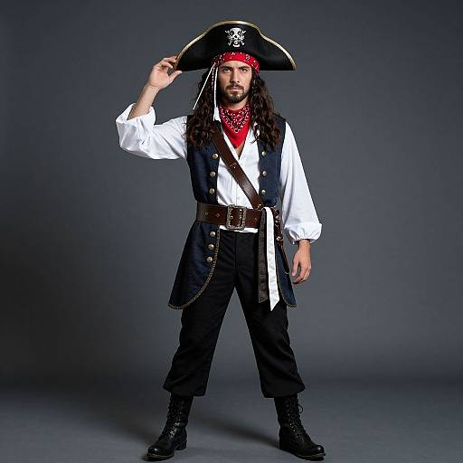 Photograph of a man in a pirate costume: black tricorn hat with white emblem, white shirt, red bandana, black vest, pants,