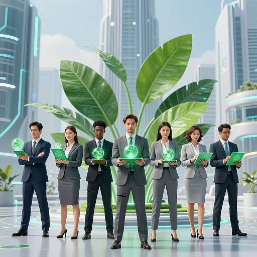 Photograph of six diverse, professionally dressed businesspeople standing in front of large green leaves, holding glowing green holograms. Modern, high-tech cityscape