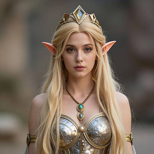 Digital artwork of a beautiful blonde elf woman with pointed ears, wearing a silver armor bustier, green gem necklace, and ornate gold crown, set