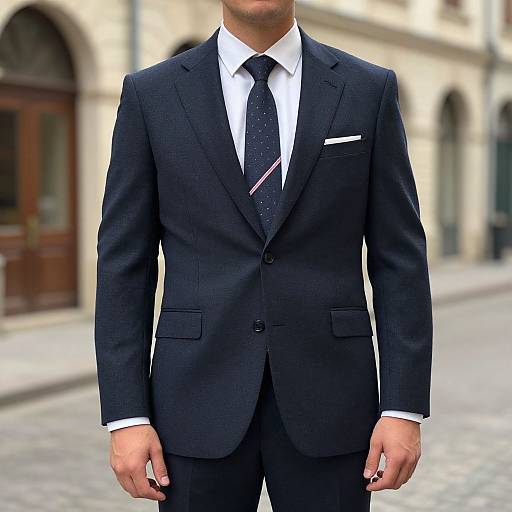 Photograph of a man in a sharp, dark navy suit, white shirt, and black tie with a pink diagonal stripe, standing on a cobble