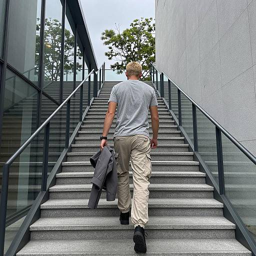 Man Walking Up Modern Glass Staircase