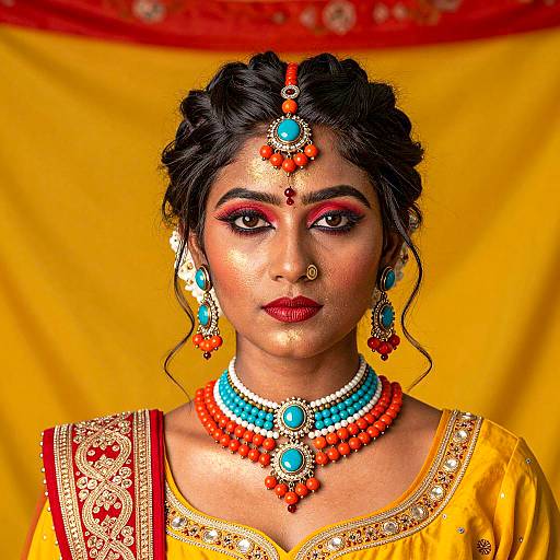 South Asian Woman in Traditional Jewelry and Embroidered Blouse