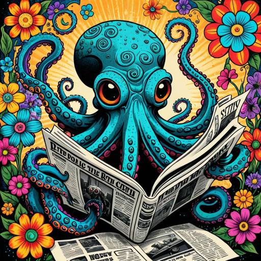 Octopus Reading Newspaper with Colorful Flowers