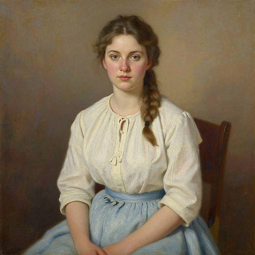 Realistic oil painting of a young woman with fair skin, brown hair in a braid, wearing a white blouse and blue skirt, seated against a
