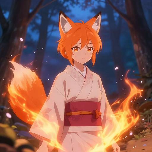 Anime-style digital drawing of a fox-eared girl with orange hair and eyes, wearing a white kimono with a red obi, standing in a