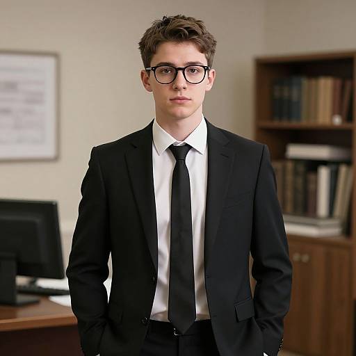 Photograph of a young, fair-skinned man with brown hair and black-rimmed glasses, wearing a black suit, white shirt, and black