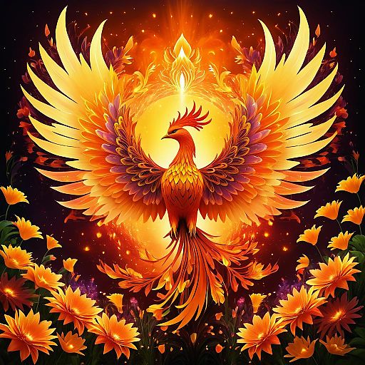 Surreal Phoenix Rising in Vibrant Garden Surreal Phoenix Rising in Vibrant Garden