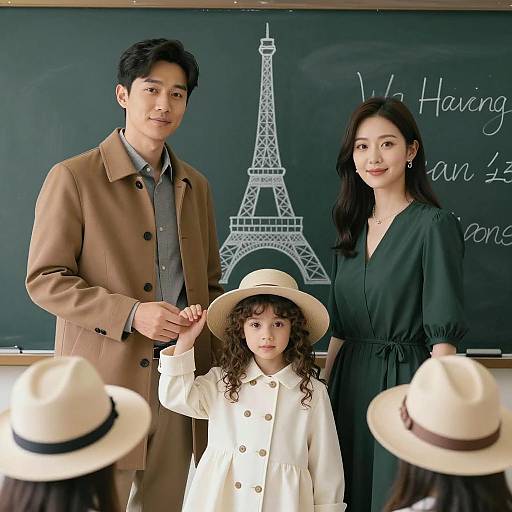 Family in Classroom with Eiffel Tower Drawing