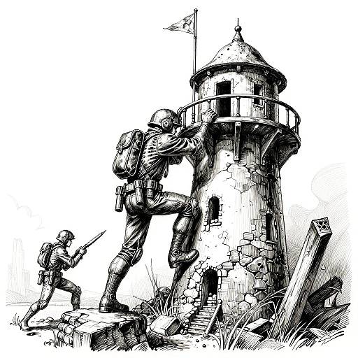 Stealthy Scout Climbing Ruined Watchtower