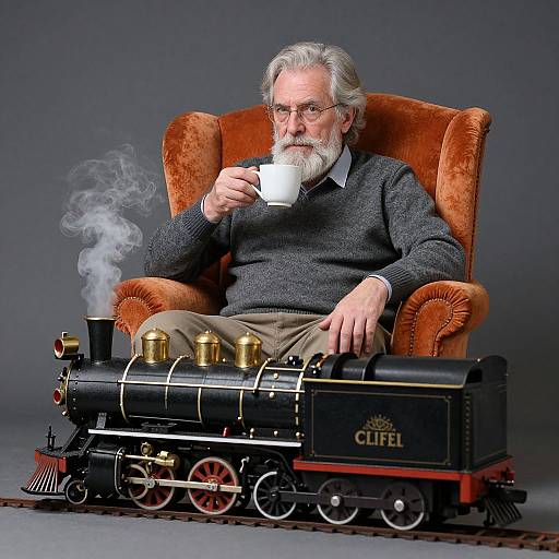 Photograph of an elderly white man with gray hair and beard, wearing glasses and a gray sweater, sitting in an orange velvet armchair, sipping