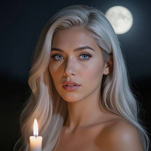 Photograph of a beautiful blonde woman with blue eyes, fair skin, and long wavy hair, gazing at the camera under a moonlit night