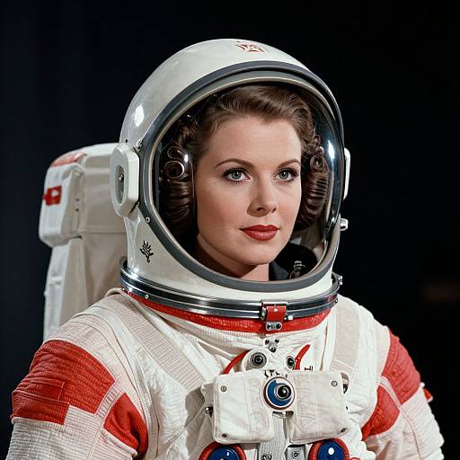 Photograph of a 1950s-style astronaut woman with fair skin, dark curly hair, red lipstick, wearing a white spacesuit with red stripes